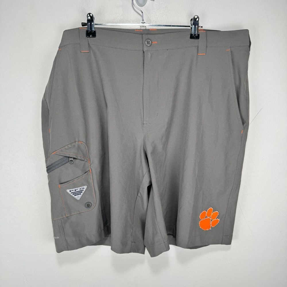 Clemson Tigers Columbia PFG Fishing Shorts Men 40 Gray Orange Paw Zip Pocket